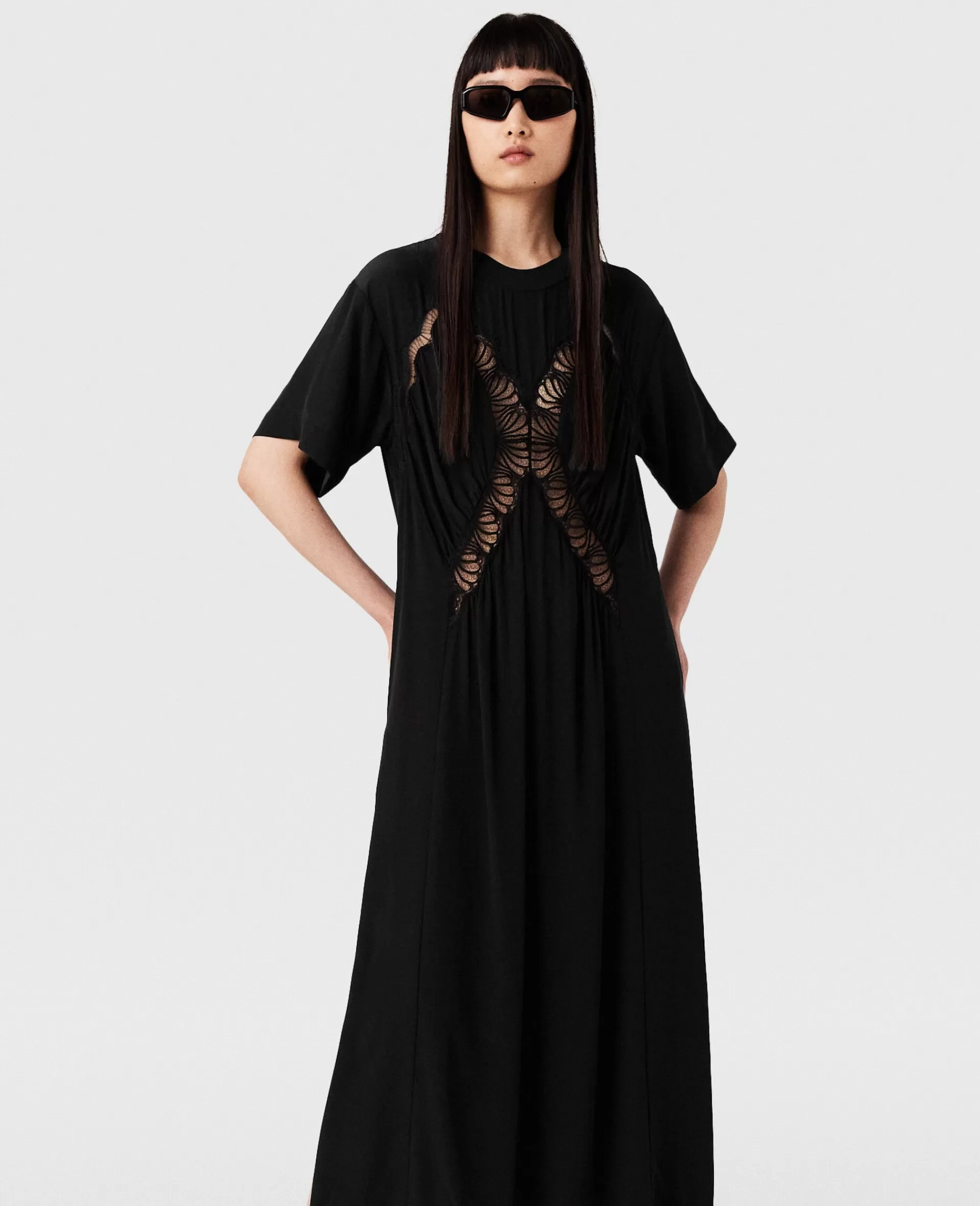 Store Lace Insert Short Sleeve Maxi Dress Women Dresses