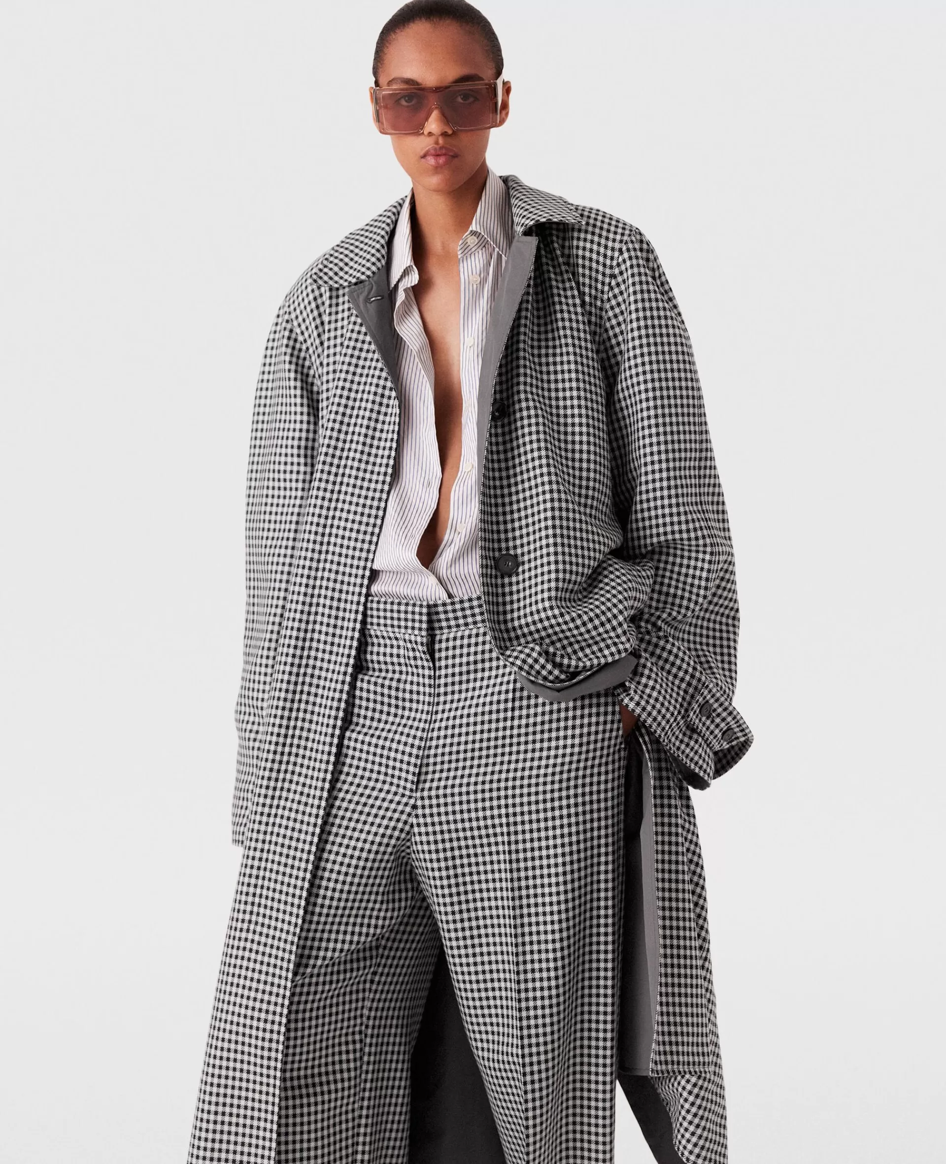 Outlet Oversized Check Belted Trench Coat Women Coats And Jackets